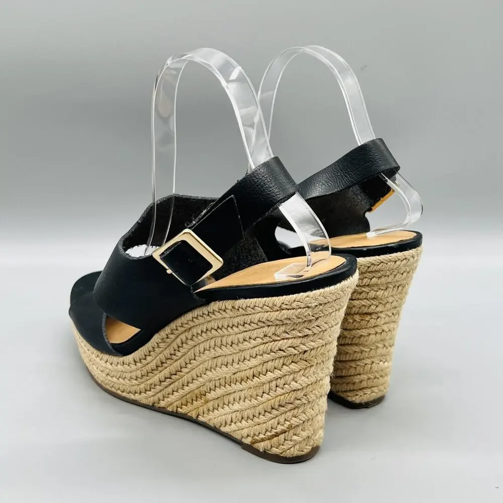 J Crew Sandals Women 8.5 Black Vegan Leather Espadrille Wedge Slingback Shoes
